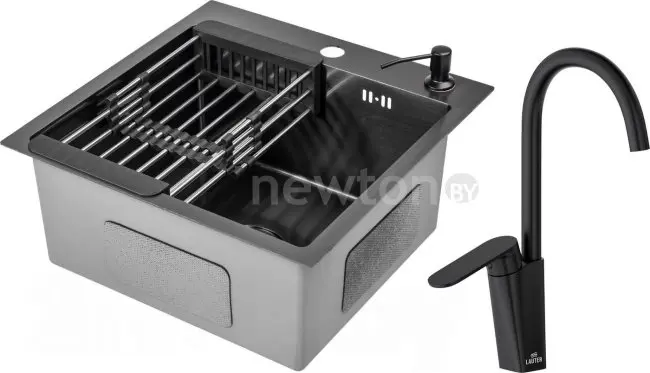 Кухонная мойка Saniteco 4848 Nano + Arc (с сифоном, дозатором и коландером)