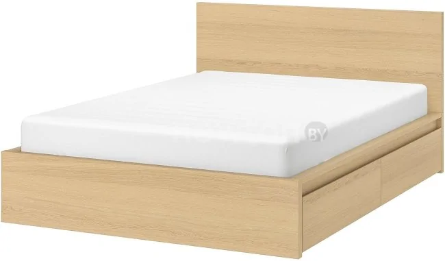 Кровать Ikea Мальм 200x160 (2 ящика,дубовый шпон/беленый,Леирсунд) 292.109.36