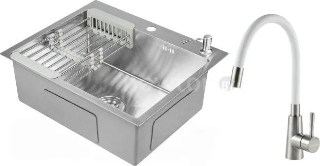 Кухонная мойка Saniteco 6050 + Essence 21EC-W (с сифоном, дозатором и коландером)