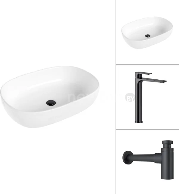 Умывальник Lauter 21836 + Reef 21CK8678BS с сифоном 21635B (черный матовый)