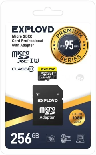 Карта памяти Exployd Premium Series microSDXC 256GB EX256GCSDXC10UHS-1-ELU3 (с адаптером)