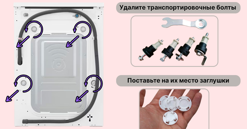 Где находятся транспортировочные болты в стиральной машине?