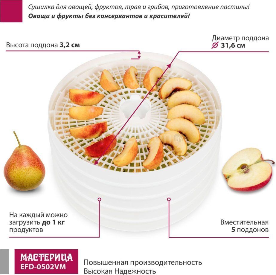 Купить Сушилка для овощей и фруктов Мастерица EFD-0502VM (5 поддонов и 1  поддон для пастилы) в Минске. Низкие цены. Обзор, отзывы, фото. Кредит и  рассрочка | Newton.by